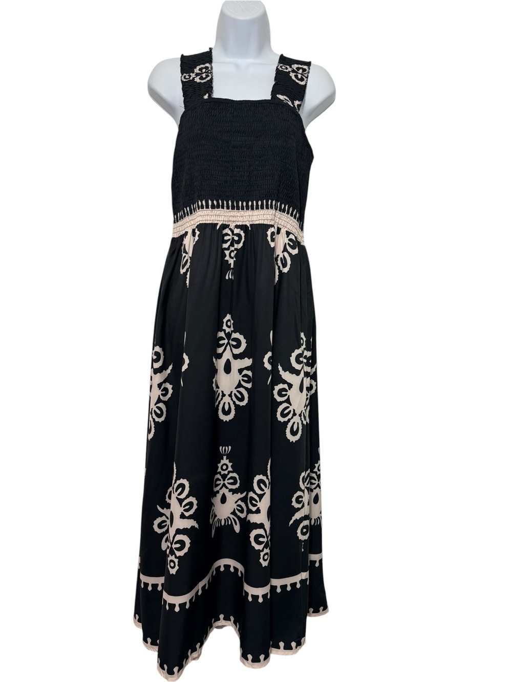 Black & Ivory Smocked Boho Maxi Dress Sleeveless Square Neck Resortwear Beach XL